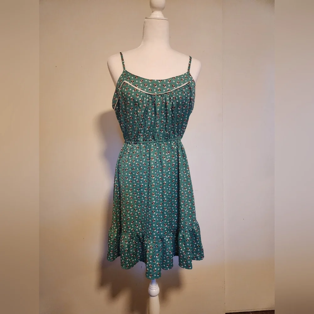 Vintage Green Owl Print Fit And Flare Silk Blend Ruffle Hem Sundress Large L EUC - Picture 1 of 7